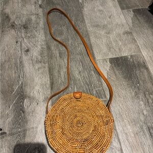 Brown and Tan Crossbody Bag with Woven Design and Leather Strap